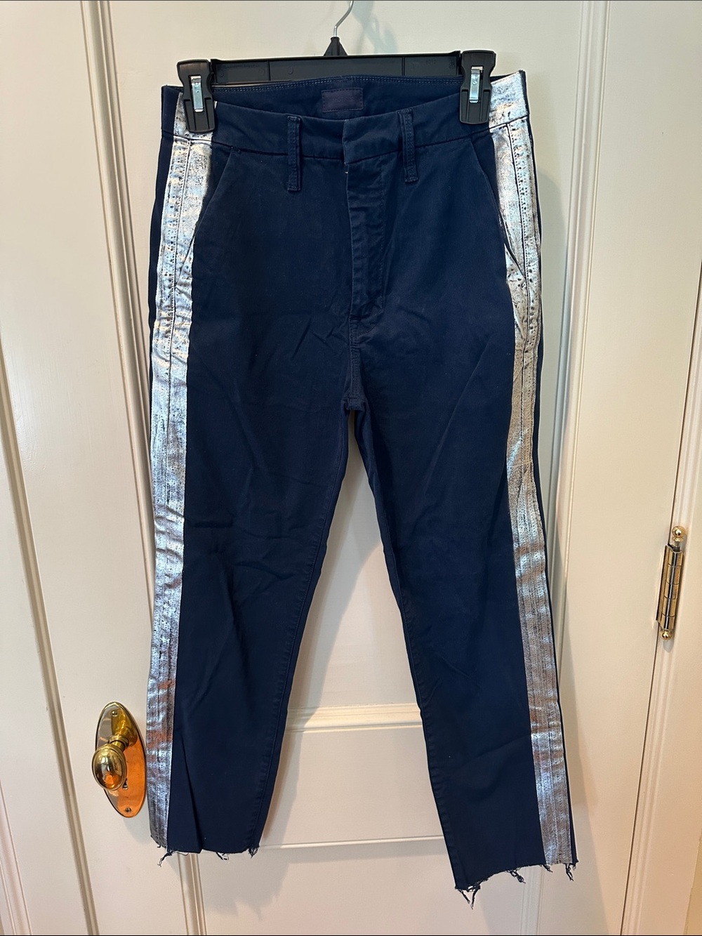 Mother Shaker Prep Fray Pant Navy/Silver Sz 24